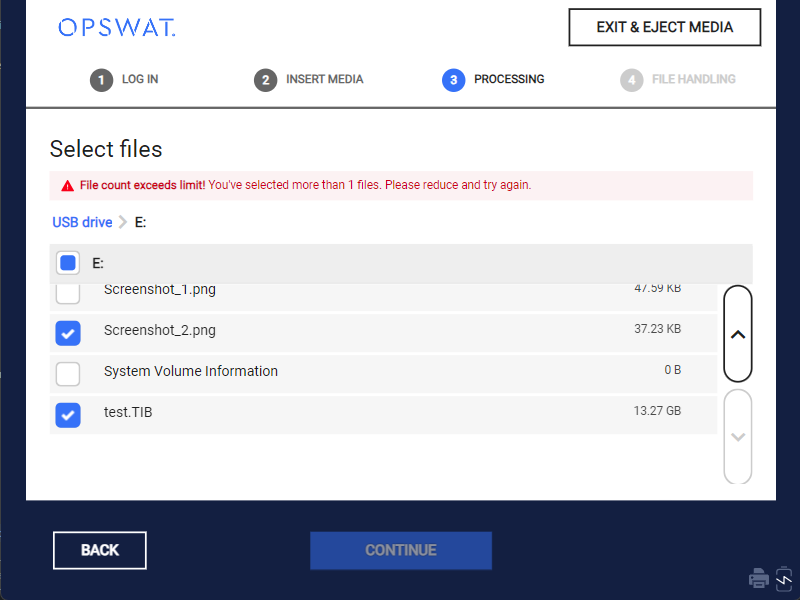 Image: "File count exeeds limit" notification on Kiosk UI