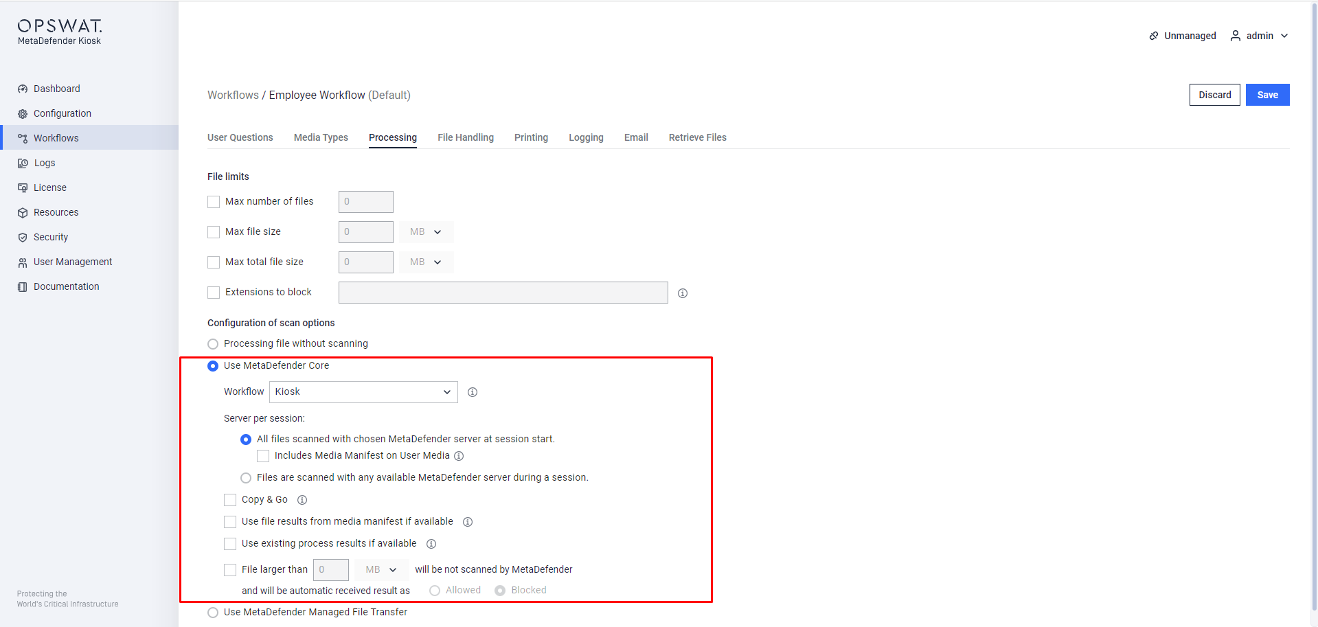 Image: "Use MetaDefender Core" option on Kiosk Configuration page