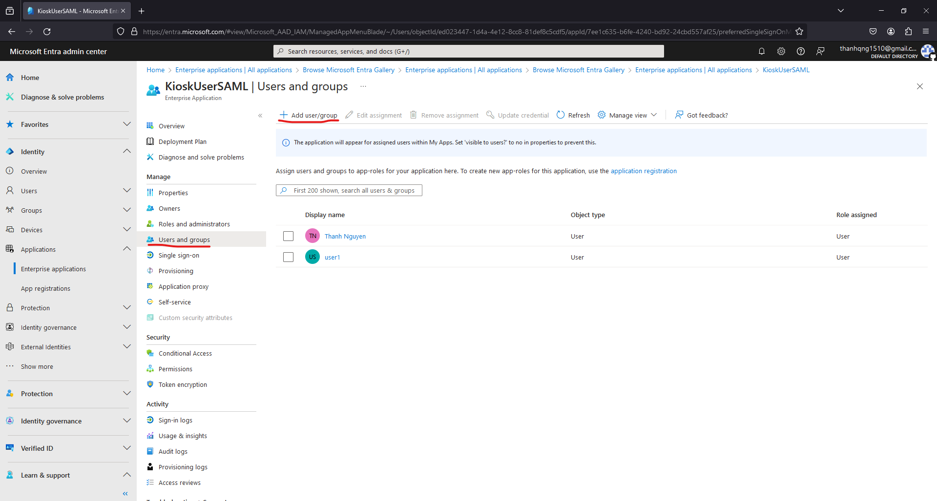 _User and groups assignment page_