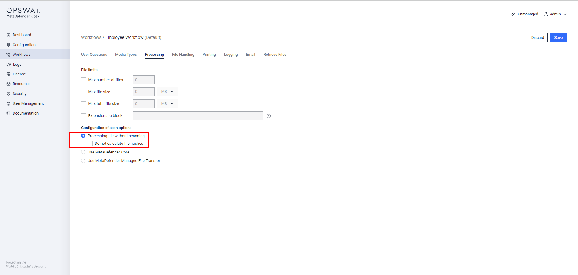 Image: "Processing file without scanning" option on Kiosk configuration page