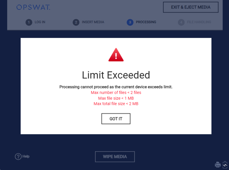 Image: "Limit Exceeded" notification on Kiosk UI for Process All