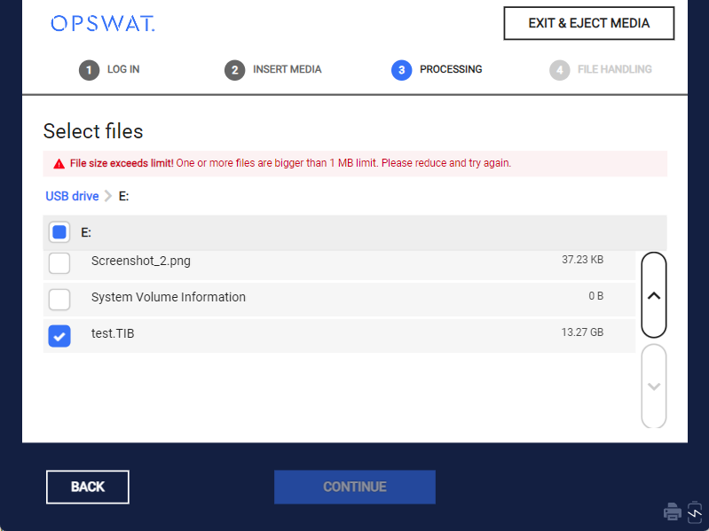 Image: "File size exeeds limit" notification on Kiosk UI