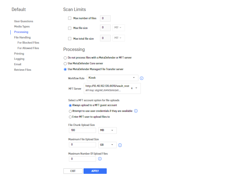 Image: "Use MetaDefender Managed File Transfer server" option on Kiosk configuration page