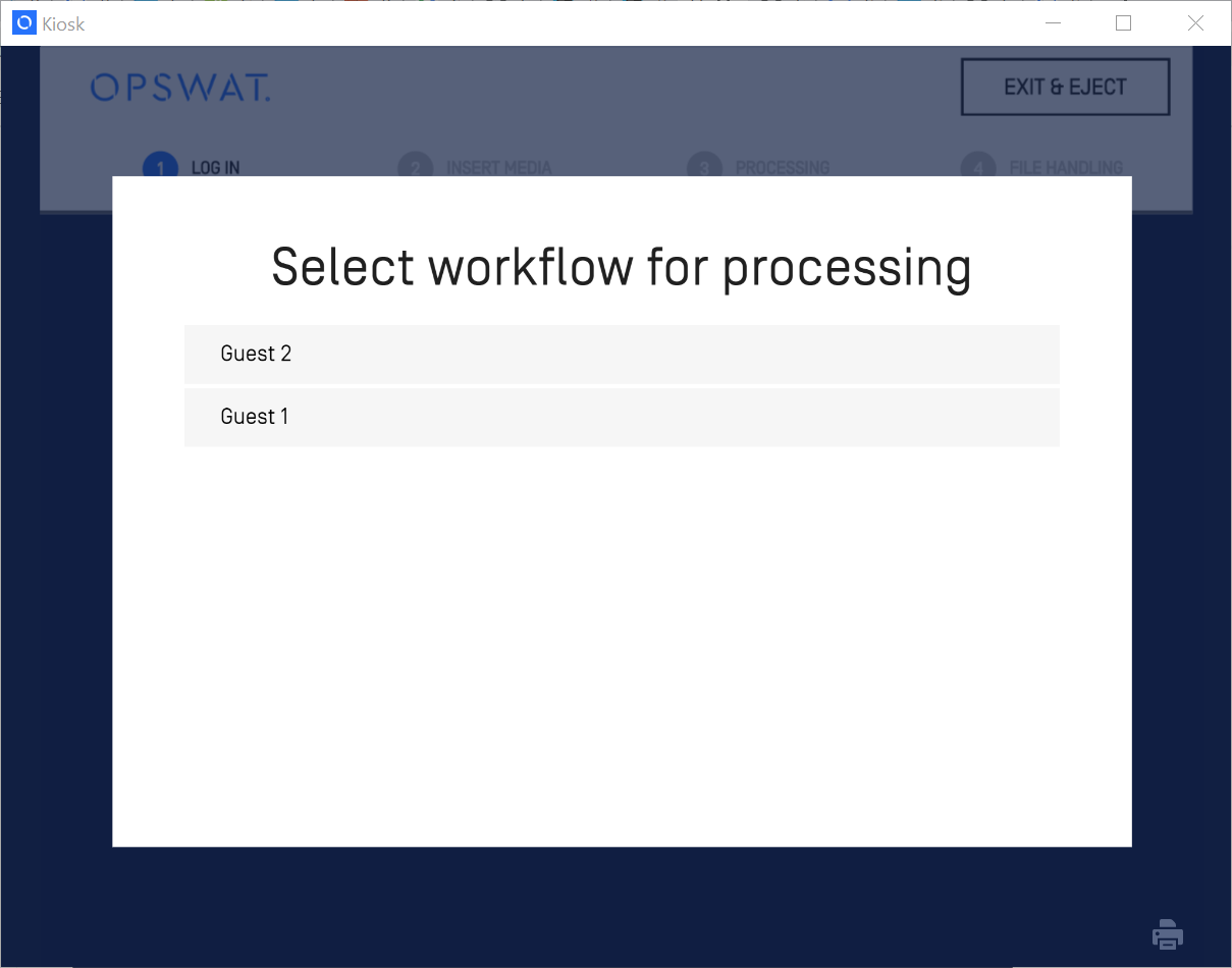 **Image: "**Select workflow for processing" tab for Guest on Kiosk Ui