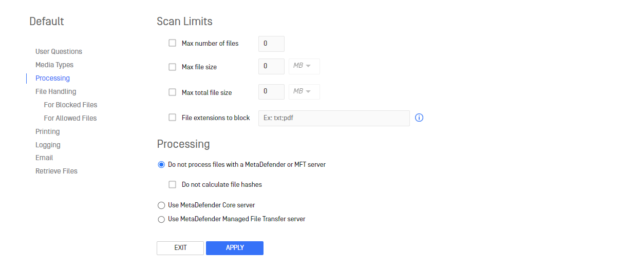 **Image: "**Scan Limits" configuration options on MetaDefender Management Console