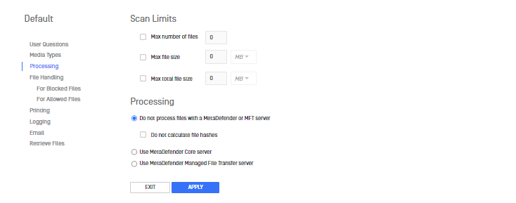 Image: "Do not proceed files with MetaDefender or MFT Server" option on Kiosk configuration page