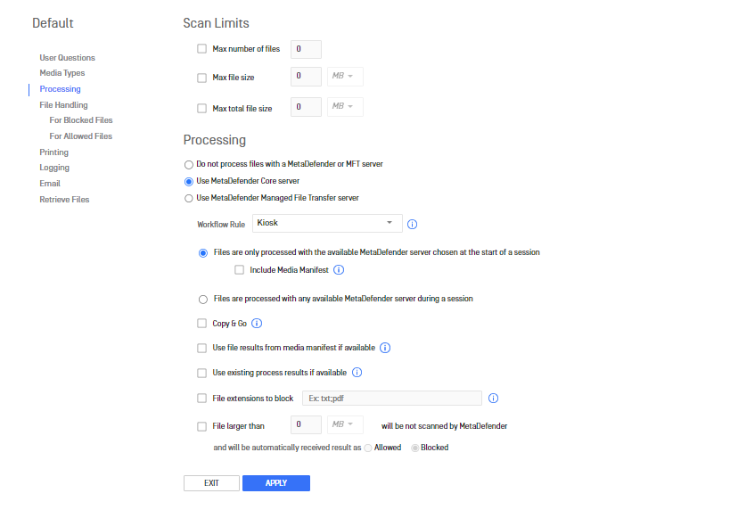 Image: "Use MetaDefender Core server" option on Kiosk Configuration page