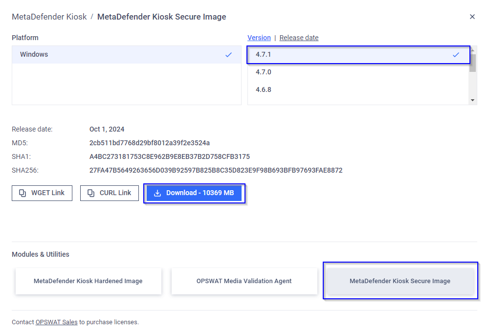 Download page of MetaDefender Kiosk Secure Image on My OPSWAT Portal