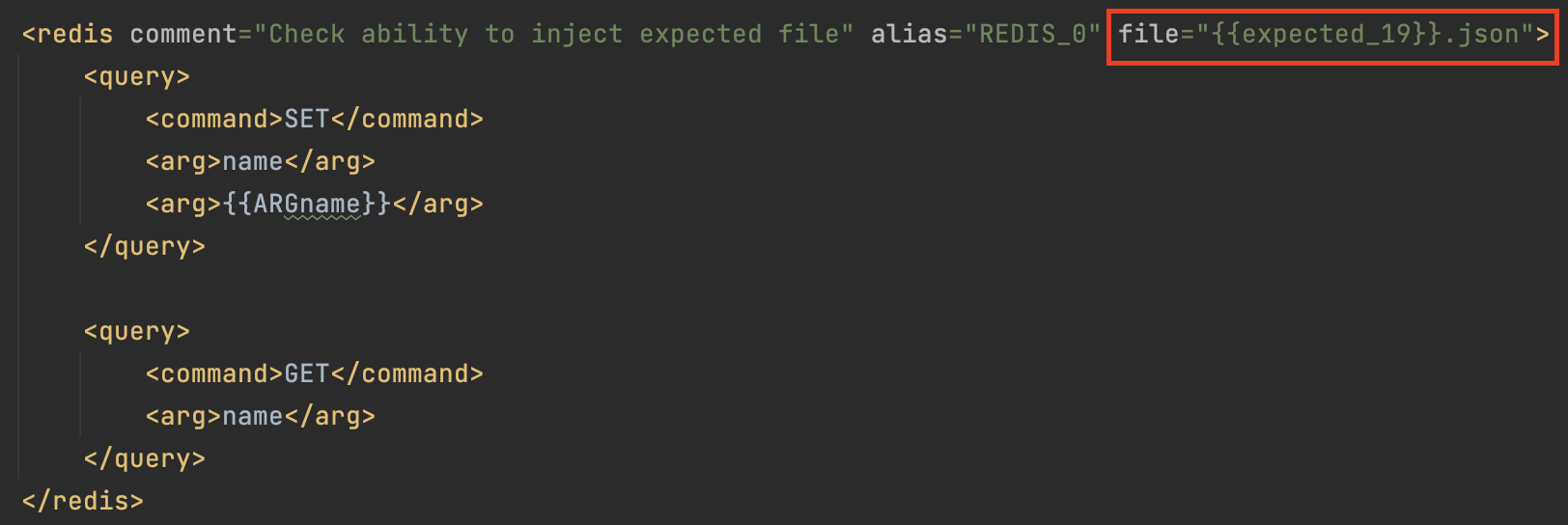 Example of using a variable from a variations file in the 'expected' and 'arg' fields