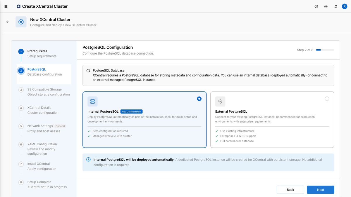 Step 2 — PostgreSQL configuration (Internal selected)
