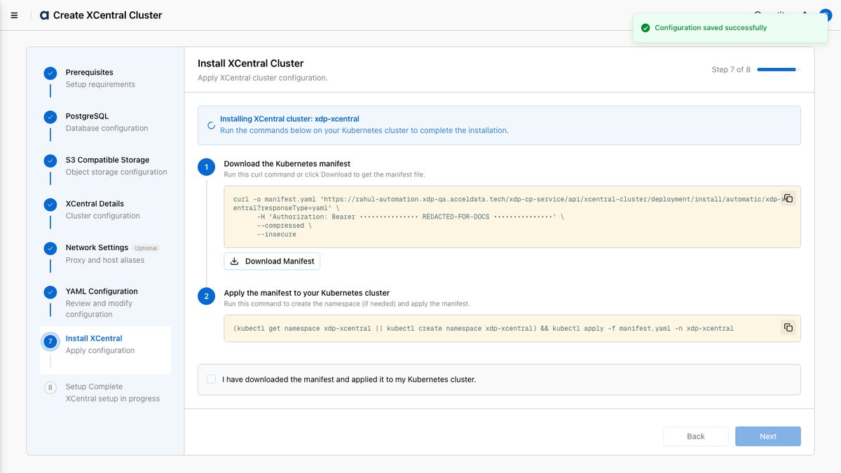 Step 7 — Install xCentral (credentials masked)