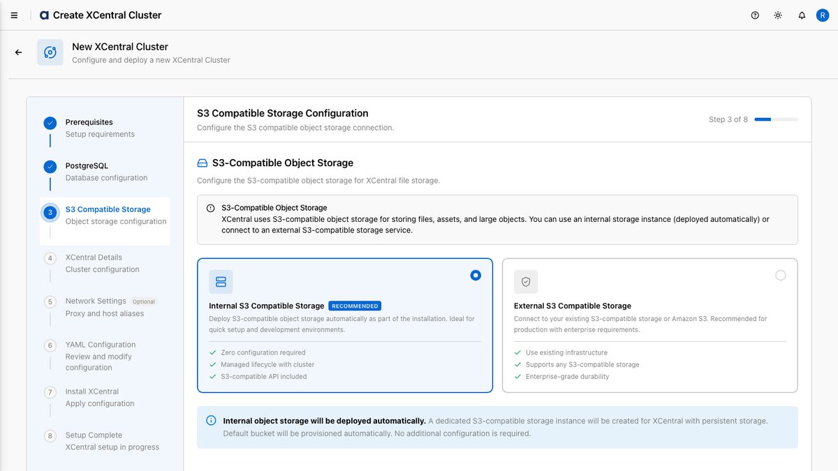 Step 3 — S3-compatible object storage (Internal selected)