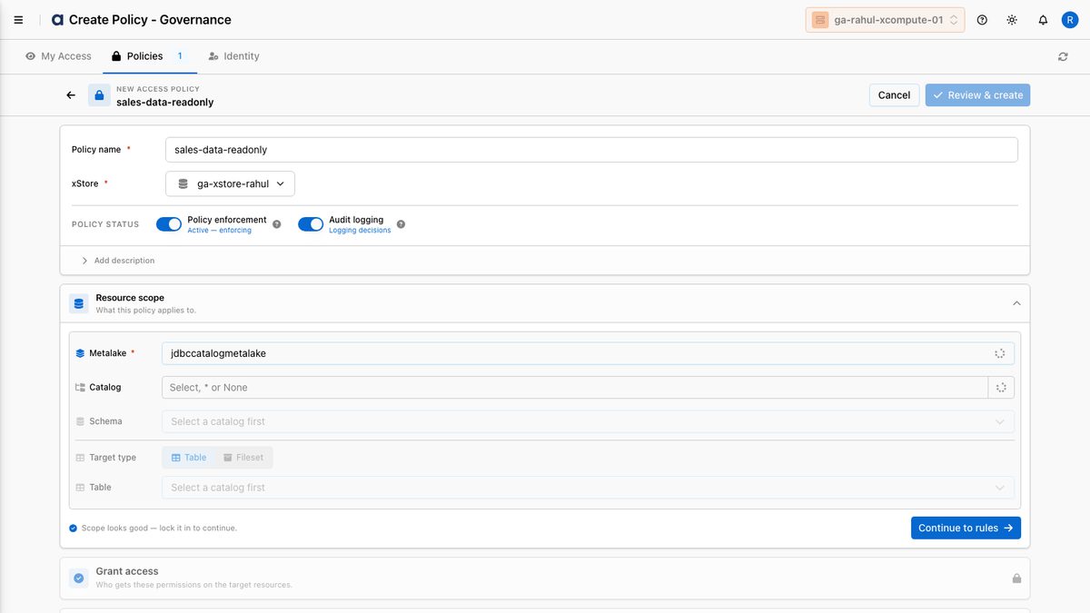 Resource scope filled in: xStore, metalake, and target type