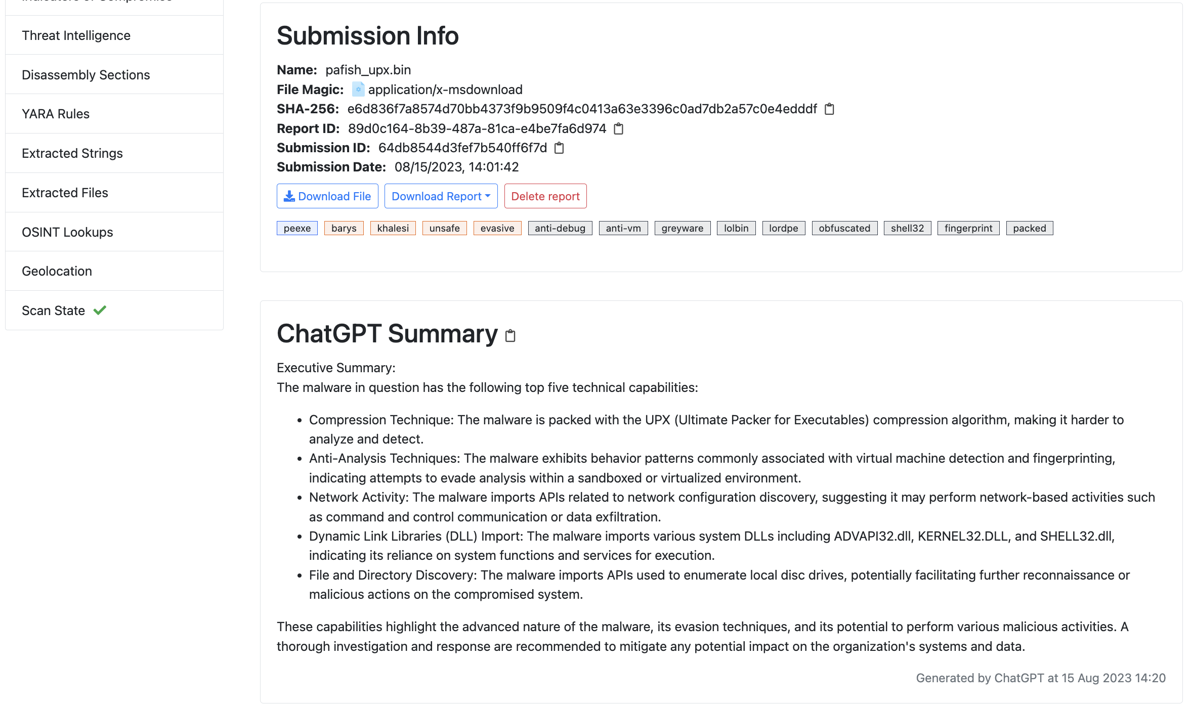 Pafish is a testing tool that uses different techniques to detect virtual machines and malware analysis environments in the same way that malware families do. See OpenAI Chat GPT Feature.
