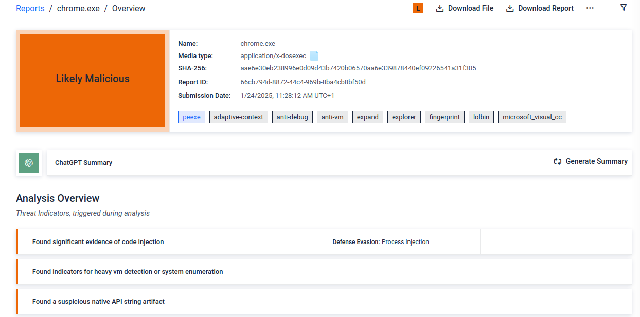 False positive for the Chrome executable in an air-gapped environment.