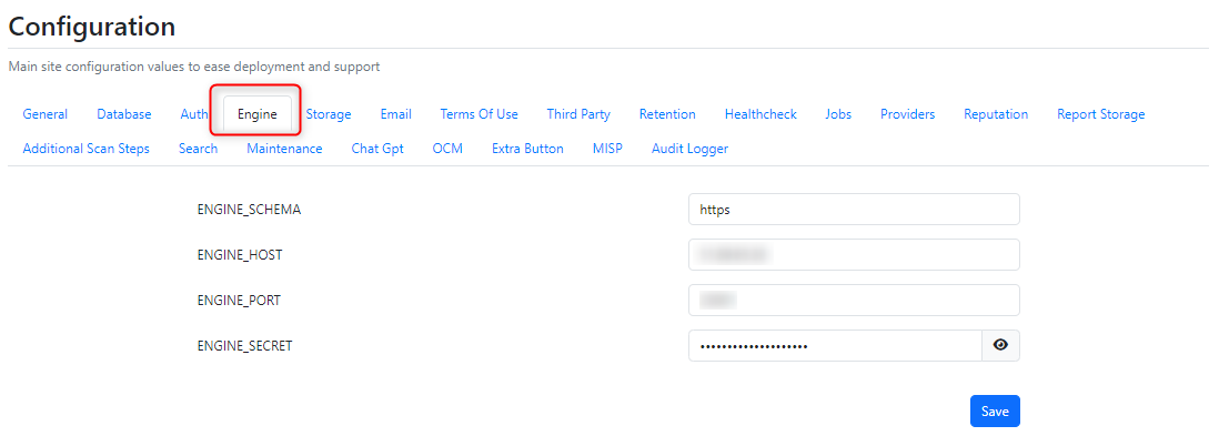 Screenshot of Engine settings inside Configuration part on MetaDefender Sandbox webpage