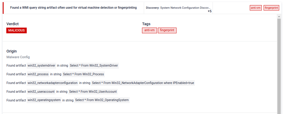 WMI queries commonly associated with system fingerprinting. In this case, the related strings were encrypted to avoid detection.