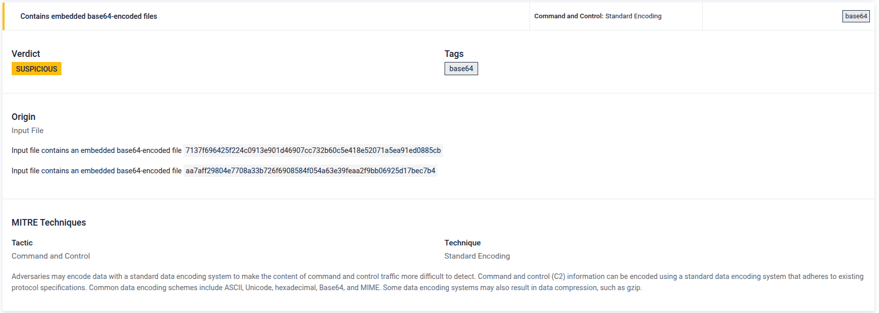 **The threat indicator of base64 encoded embedded file extraction**