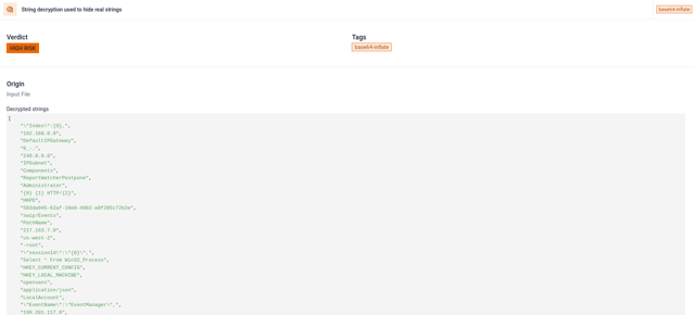 String encryption: the code employs a typical obfuscation technique found in various malware: compression followed by base64 encoding.
