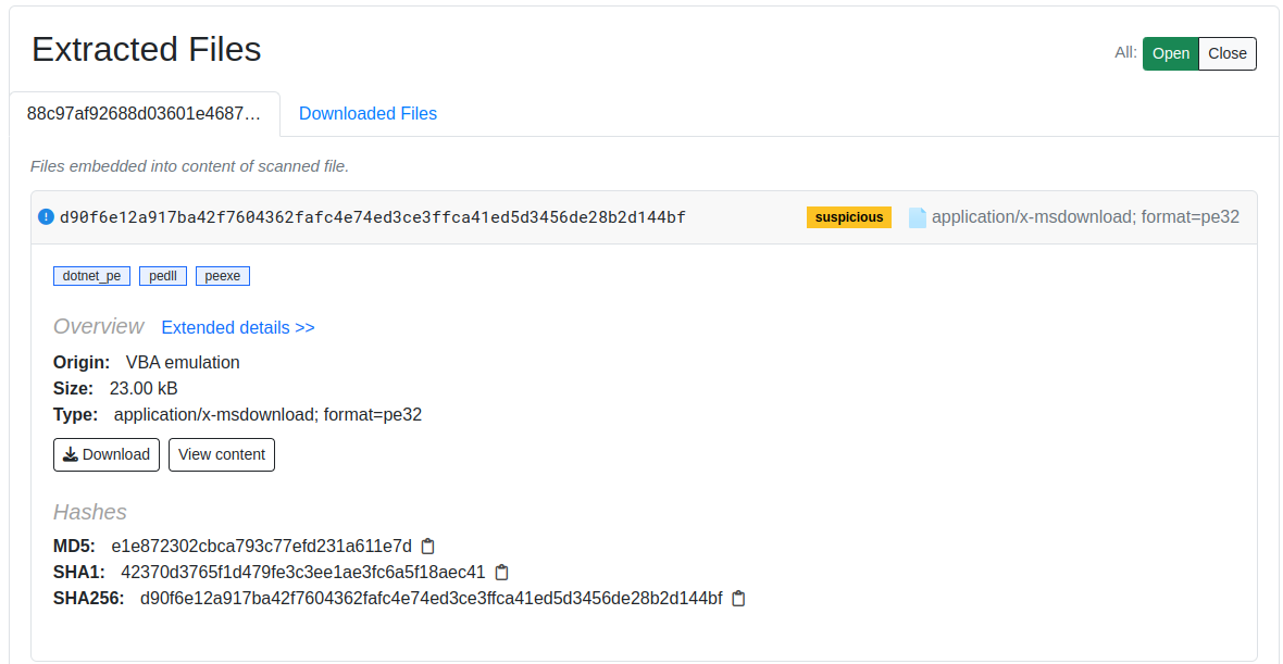 Next stager PE file created by VBA emulation