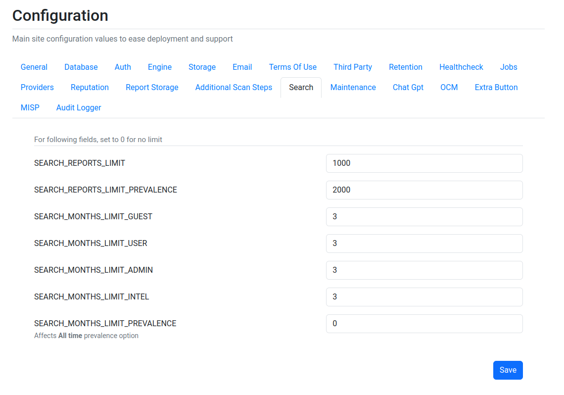 Search settings under Configuration