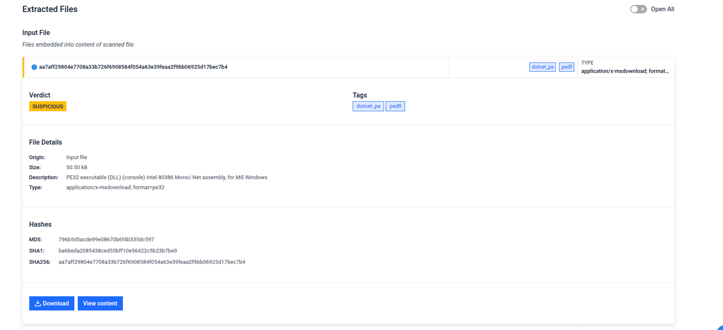 The extracted .NET dll file that triggers threat indicators