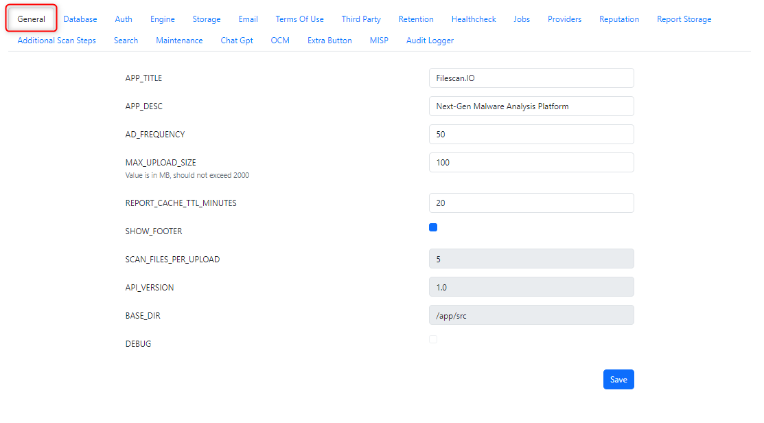 Screenshot of MetaDefender Sandbox General settings