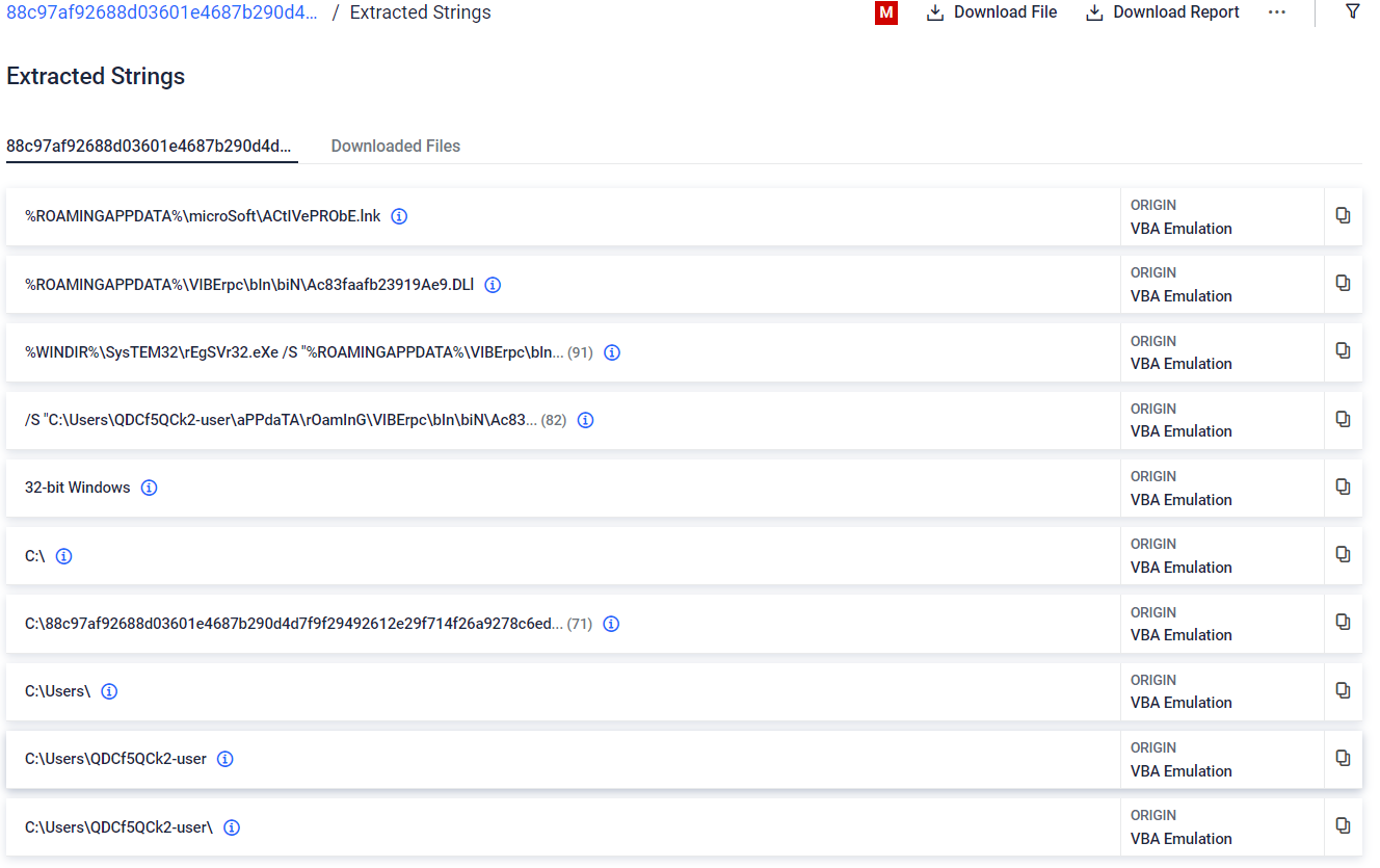 Extracted strings after deobfuscating and emulating the VBA macro code