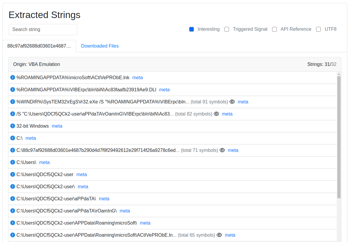 Extracted strings after deobfuscating and emulating the VBA macro code
