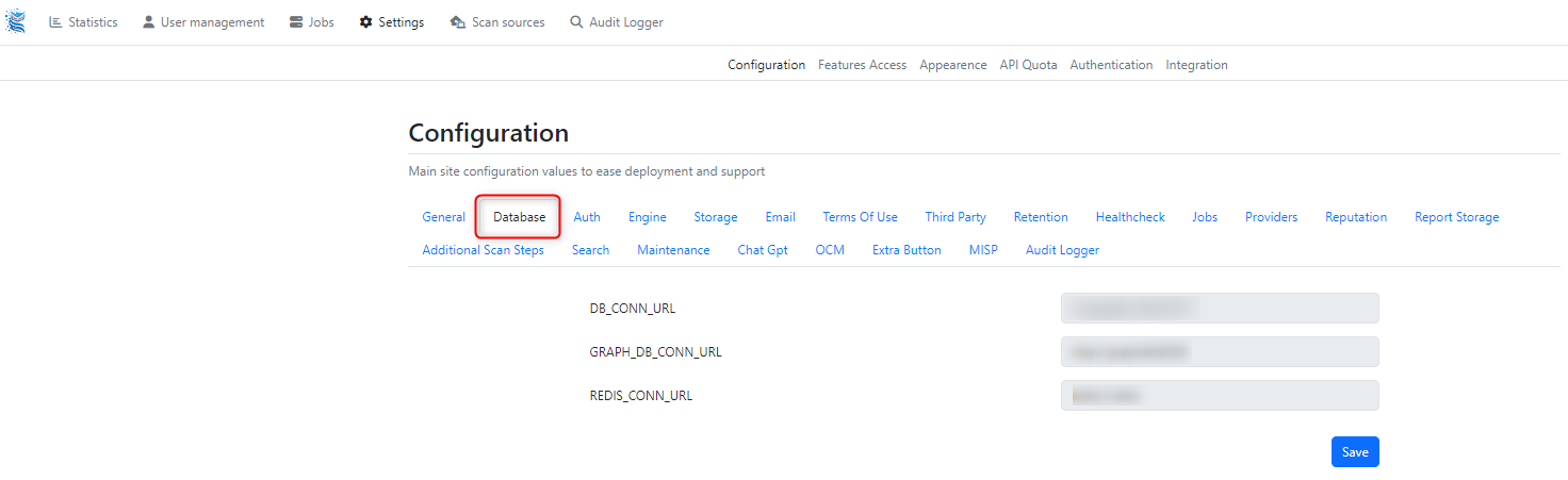 Screenshot of Database configuration on MetaDefender Sandbox webpage