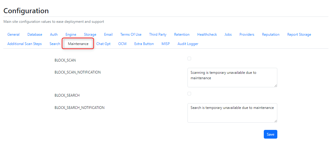 Screenshot of Maintenance settings inside of Configurations on MetaDefender Sandbox webpage