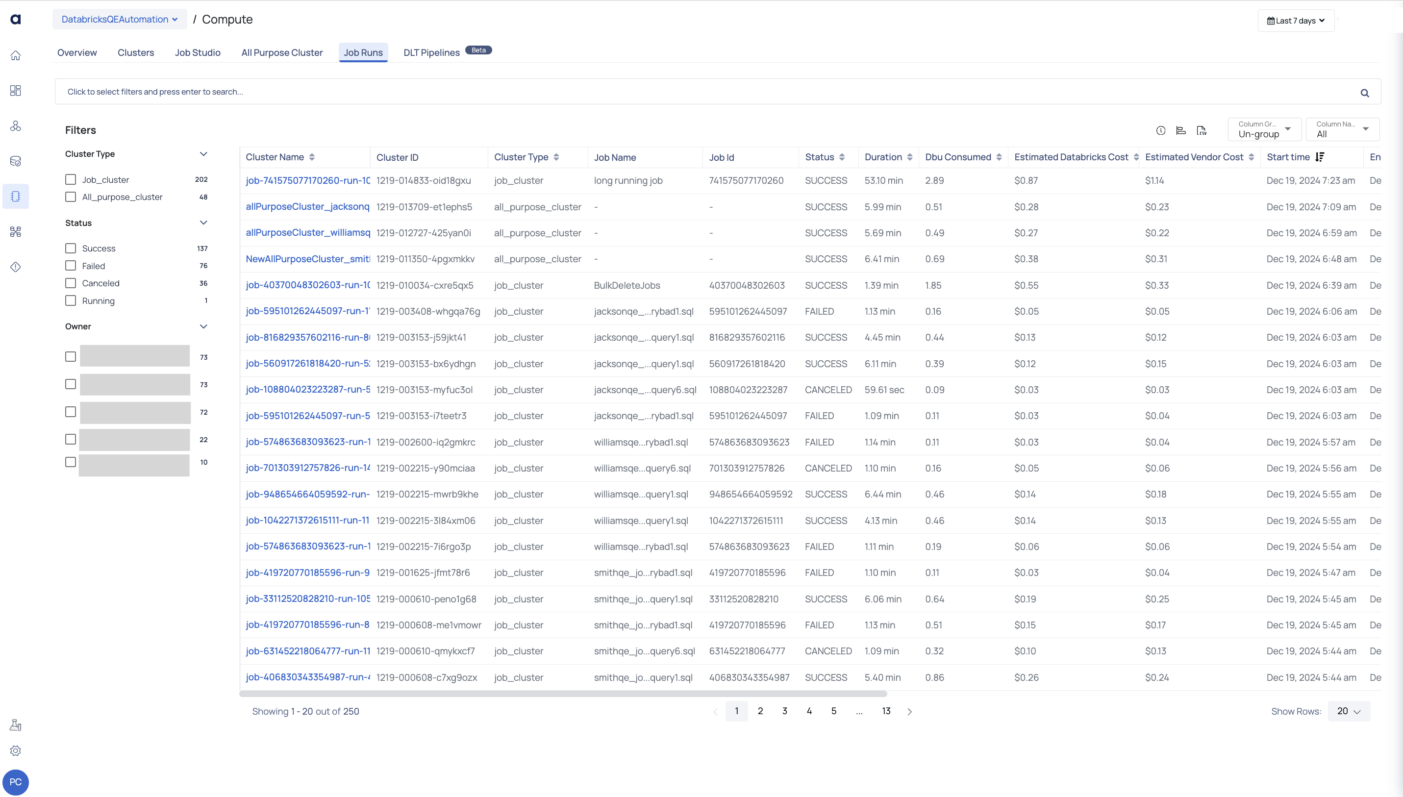 Job Runs Tab