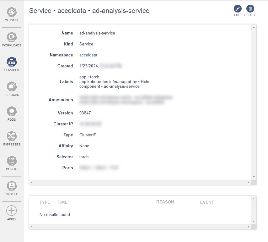 Clicking Name displays service details.