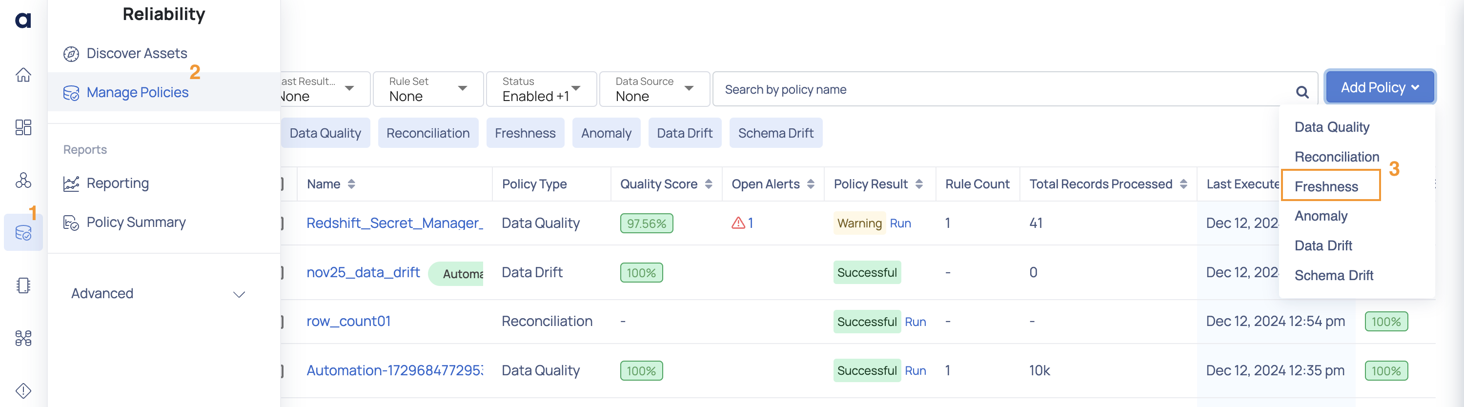 Freshness Policy from Manage Policies page