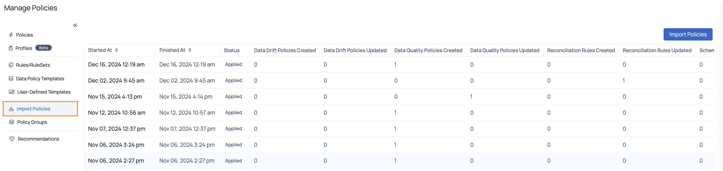 Import Policies Table