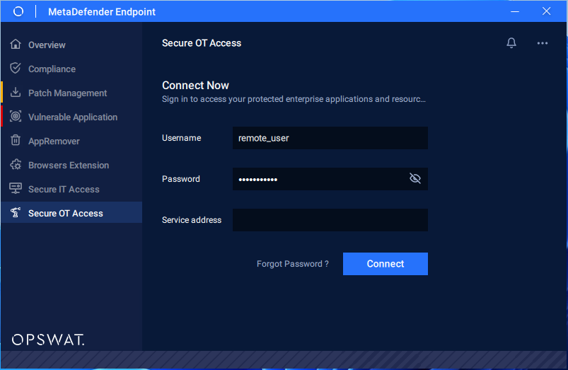 MetaDefender Endpoint Secure OT Access Client - Sign in for Remote user (For example: remote_user)