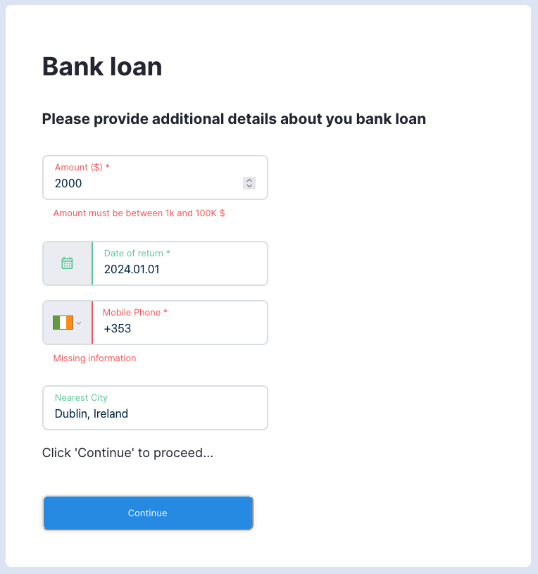The validation result after 'Continue' is clicked.