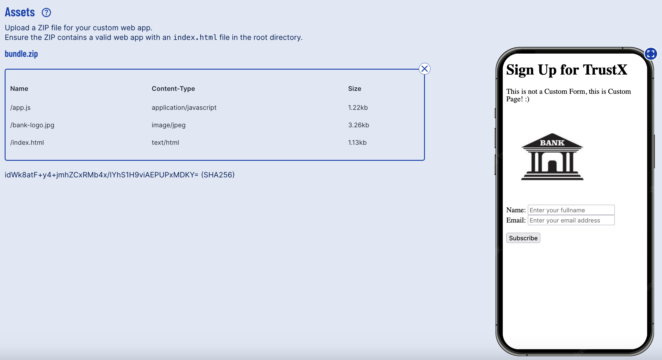 Preview demonstrating a successfully uploaded bundle