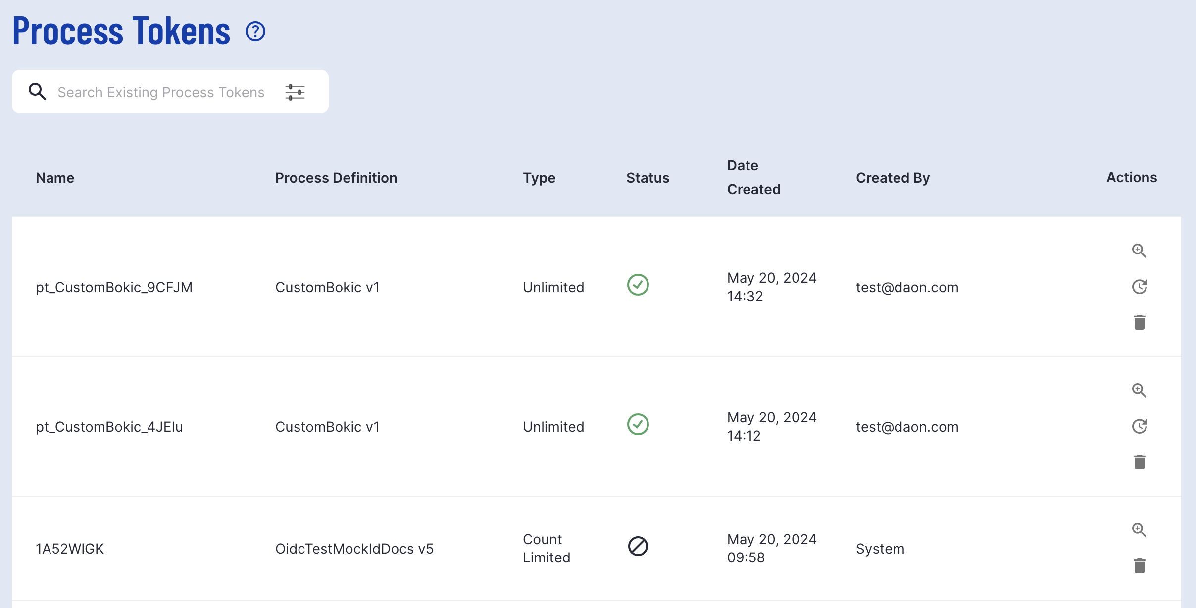 A table listing all Process Tokens created by the user