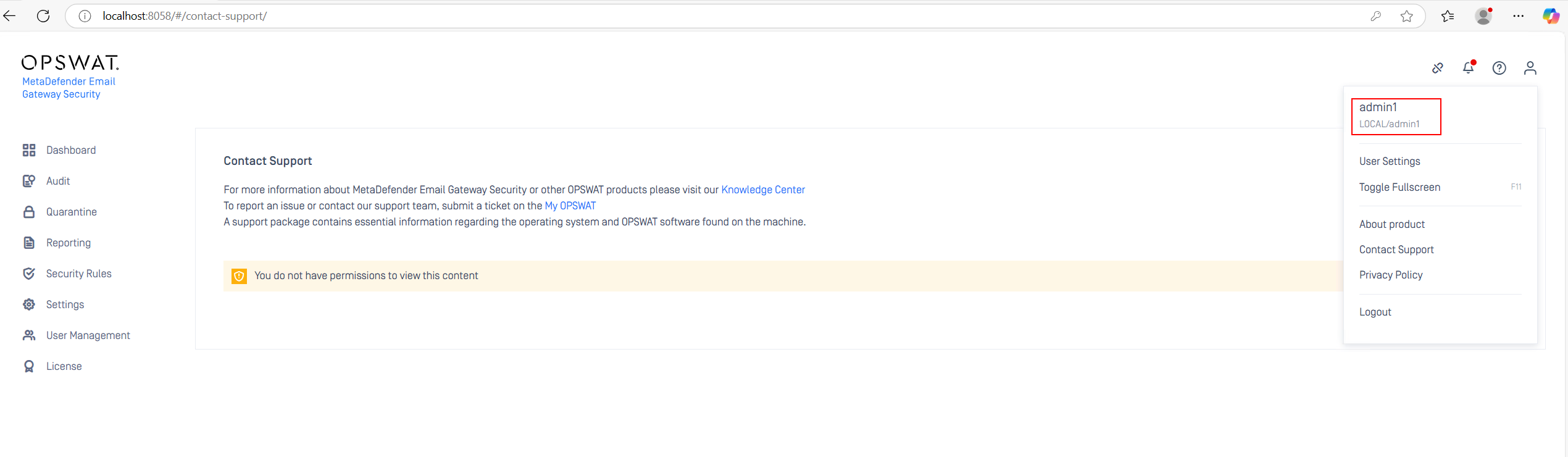 _The admin1 account does not have permission to access the "Generate Support Package" function._