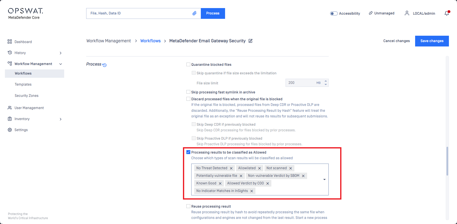 Allowed processing results on MetaDefender Core