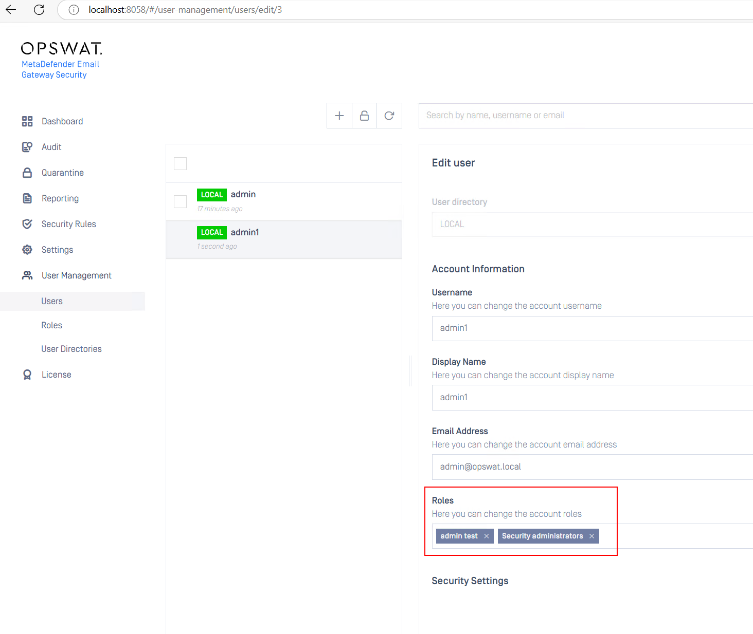 _The admin1 user is assigned 2 roles - “admin test” and “Security administrator”_