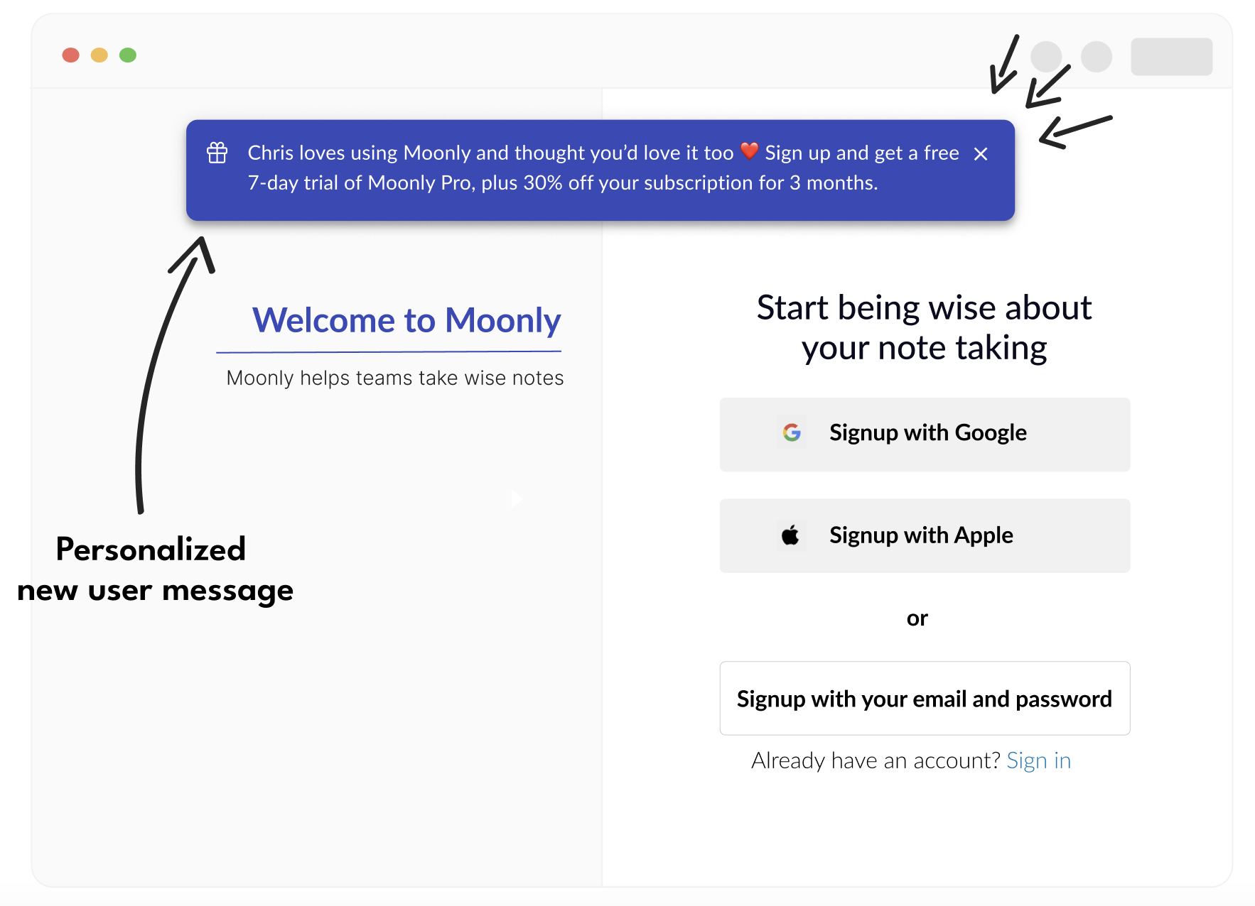 Personalization for new user message