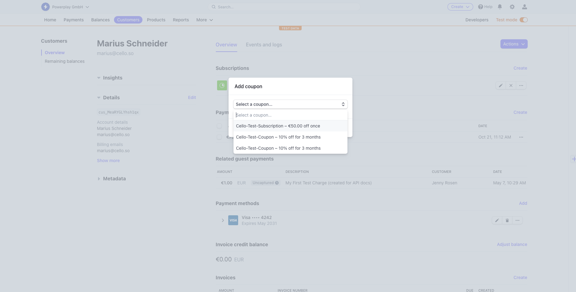 Stripe Web Console coupon attachment