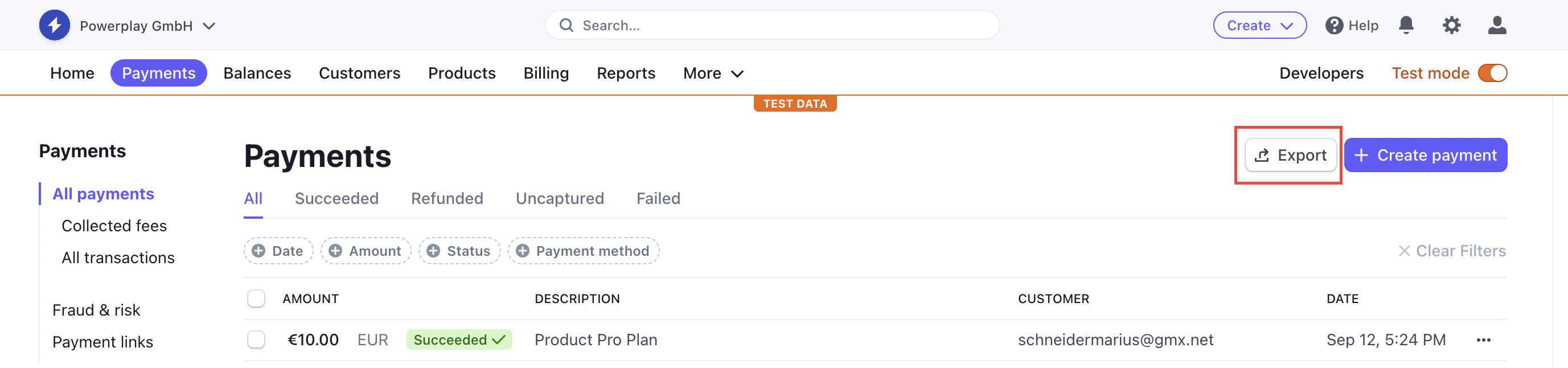 Stripe Payments All Payments page