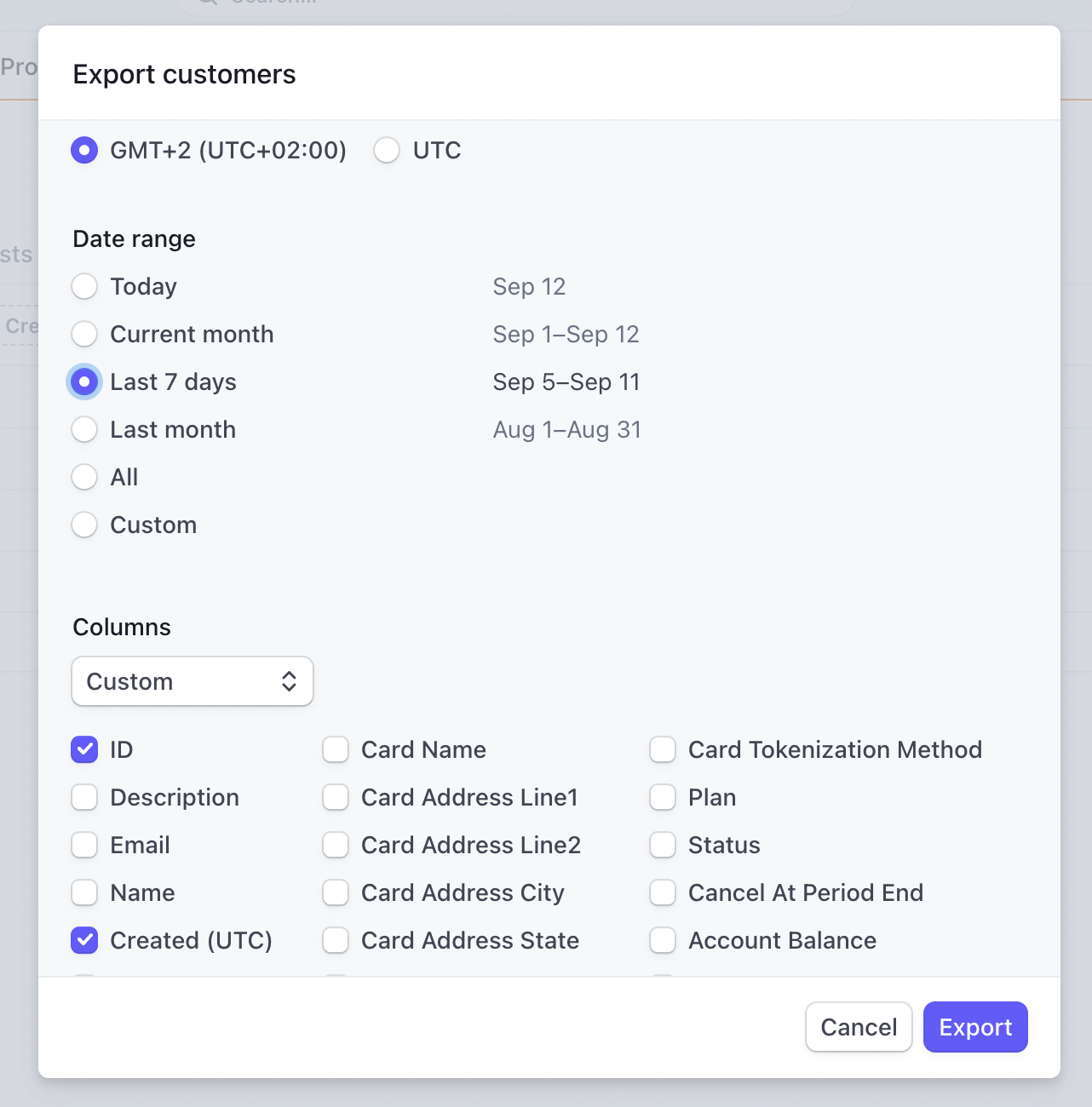 Stripe customer export configuration