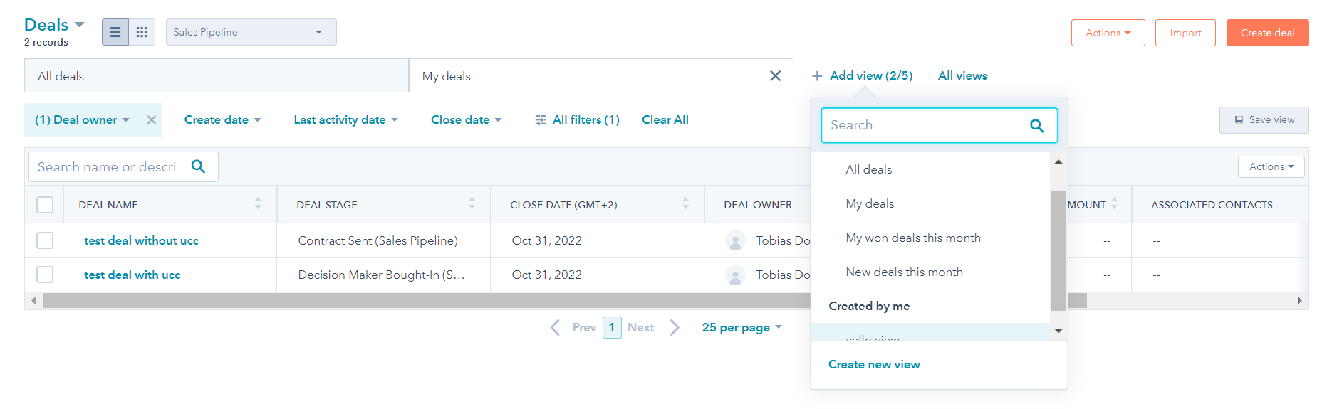 Create new view in HubSpot deals pipeline